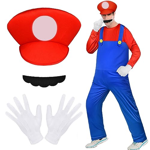 Aomig Costume de Héros d'enfance pour Adulte, Mario Luigi-Bros Costume de Cosplay, Bonnet, Pantalon, Barbe, Gants, Costume de Carnaval pour Homme,Femme,Adulte,Enfant, Adolescent, Rouge