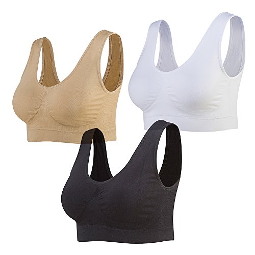 Lemef Soutiens-Gorge de sans Couture Sport Yoga sans Armature avec Coussinets Amovibles pour Femmes, Blanc & Noir & Beige, XL