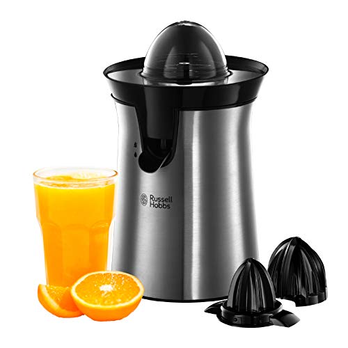 Russell Hobbs Presse Agrumes Electrique [Automatique] Classic Inox brossé (Facile & rapide,2 Sens Rotation,2 Cônes Interchangeables, sans BPA, lavables lave-vaiselle, Bec verseur stop goutte) 22760-56