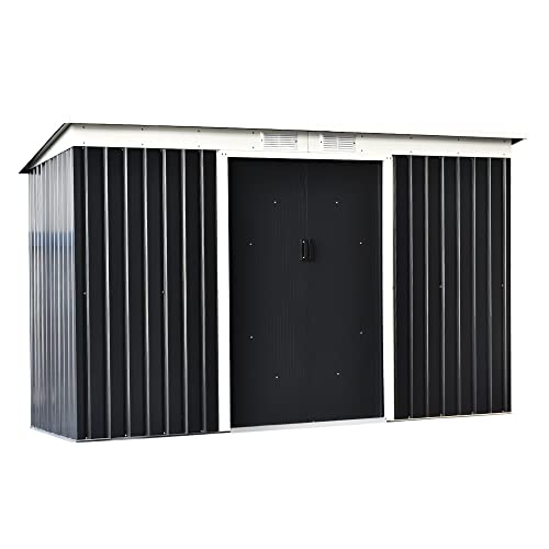 Outsunny Abri de Jardin 3,6 m² Remise à Outils avec kit de Fondation en Acier galvanisé avec Portes coulissantes, dim. 280L x 130l x 172H cm, Gris-Noir