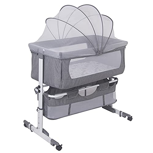 YIMING 3 in 1 Berceau Cododo avec Matelas et Moustiquaire, Hauteur en Réglable, Lit Bébé Cododo pour Les Bébés de 1 à 36 Mois, Cododo Mobile Chambre Bébé (92×57×(70-87) cm, C) Gris