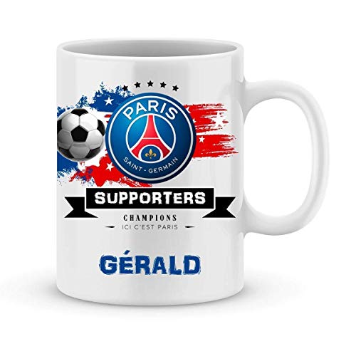 ÉNJA Création. Mug de foot PSG à personnaliser avec votre prénom - Cadeau foot ligue1 Paris Saint Germain - Cadeau personnalisé fête des pères, anniversaire, Noël