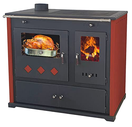 Pracktik Lux Poêle à bois avec compartiment de cuisson et plaque de cuisson Rouge gauche 9,5 kW