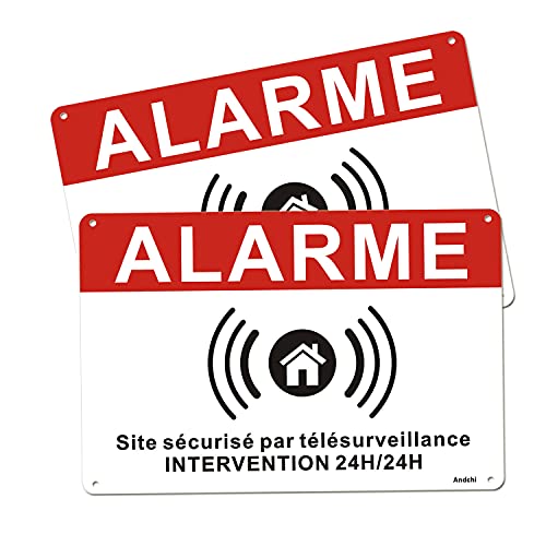 Andchi 2 Pièces Panneau d'Alarme，Panneau d'Alarme Dissuasif Métal Aluminium Site Sécurisé par Télésurveillance - Intervention 24H/24H - ANJ ，30 x 20 cm