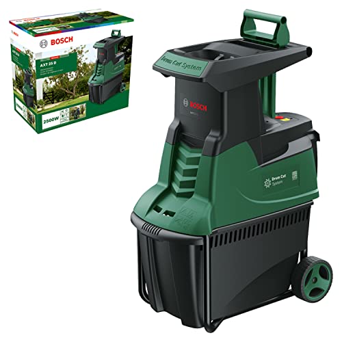 Bosch Broyeur de jardin silencieux Bosch - AXT 25 D (2 500 W ; conçu pour le bois et les arbustes épineux ; bac de ramassage intégré de 53 L ; livré dans un carton)