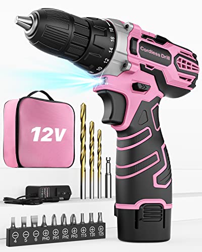 Perceuse Visseuse Sans Fil 12V Rose, Visseuse Devisseuse, Sac de Rangement, 15 Accessoires et Batterie, 25Nm, 18+1 Réglages de Couple, 2 Vitesse, Rose, pour la Bricolage