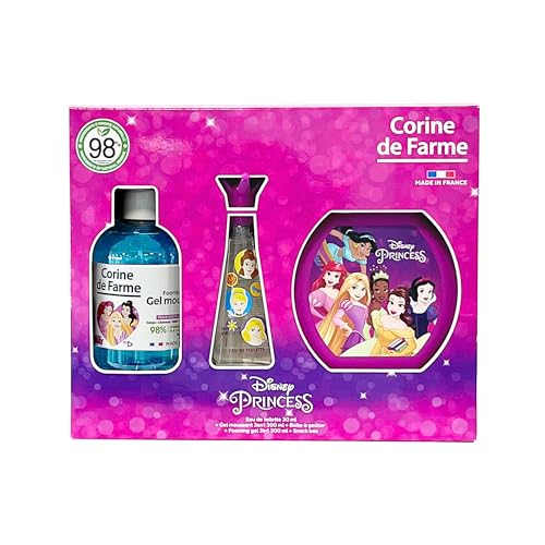 Corine de Farme - Coffret Princesses avec Eau de Toilette 50ml, Bain Moussant 300ml et Boîte à Goûter - Cadeau pour Fille - Parfum pour Enfant Senteur Fraise - Gel Fruité 3-en-1