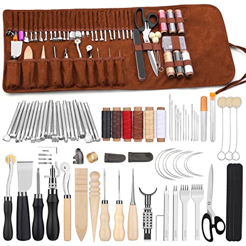 Outils d'artisanat du cuir Kit d'outils de travail du cuir avec sac de rangement personnalisé Outils de sculpture sur cuir Artisanat du cuir pour couper, poinçonner, coudre, sculpter, estamper