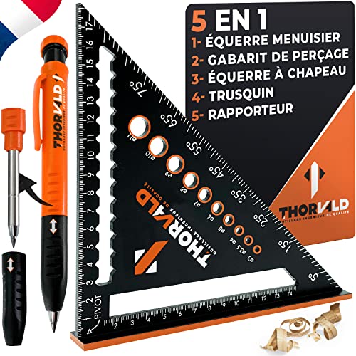 THORVALD 5 en 1 Equerre Menuisier 180 mm + Crayon Chantier - Multifonction : Trusquin/Raporteur/Gabarit de percage/Equerre a chapeau - Aluminium - Outil pour gagner du temps