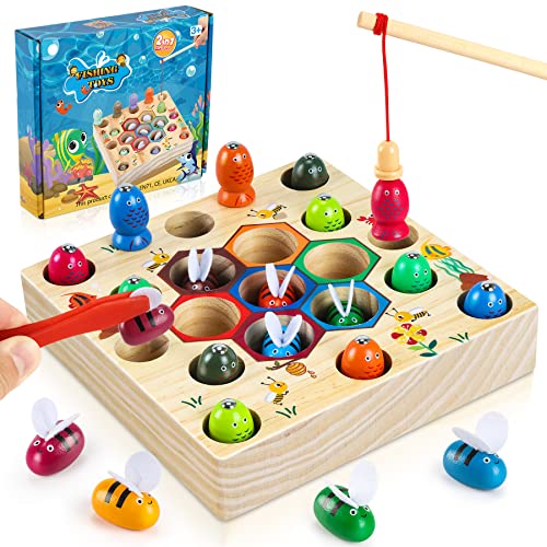 COOLJOY Jouet Enfant 2 Ans | Jeux Montessori 2 Ans | Jeu de pêche 2 en 1(Brevet Autorisé) | Jouet en Bois pour Cadeau Fille Garcon Bébés 2 3 4 Ans