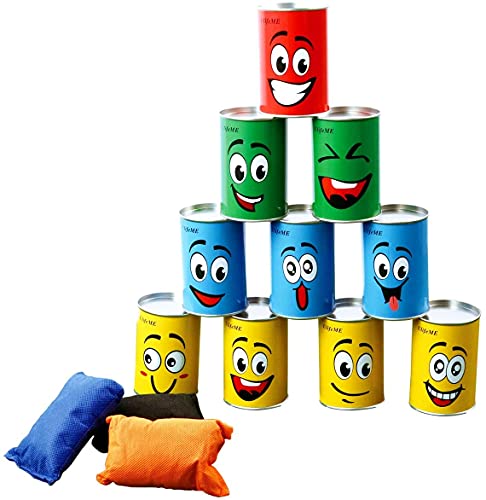 Ulifeme Chamboule Tout, Jeux de Plein Air pour Enfant et Adulte, Jeux Exterieur avec 10pcs Sourire Boite de Conserve Metal + 3pcs Sacs de Fèves, Jeux de Lancer Cadeau for Enfants Anniversaire et Fête