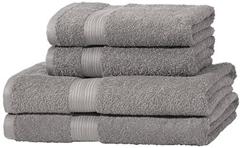 Amazon Basics Lot de 4 serviettes 100 % coton pour salle de bain, résistantes à la décoloration, douces et absorbantes, 2 Serviettes de bain et 2 Serviettes à mains, gris