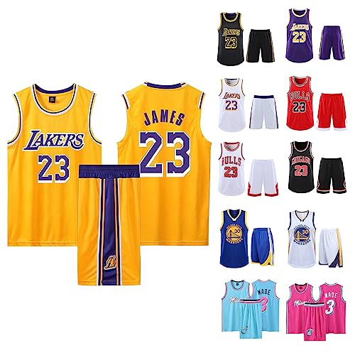 2 Pièces Maillot Basketball Enfant/Adulte 2023 sans Manches + Pantalon Court Adulte Basket Jersey et Short Ensemble de Maillot Jaune S