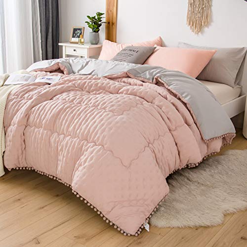 MOHAP Couette Réversible 4 Saisons 200x200cm Couette Bicolore 350G/M² Duvet Édredon Matelassée Gonflant Couverture Imprimée Boutis Couvre Lit Hiver Chaude Épais Couette 2 Personnes Pompon