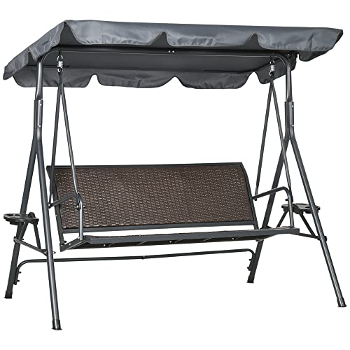 Outsunny Balancelle de Jardin 3 Places Toit Inclinaison réglable avec Porte-gobelets et Plateaux Assise Dossier Ergonomique en résine tressée PE Cadre en Acier et Polyester Gris foncé et Marron