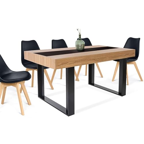 IDMarket - Table à Manger Rectangle Phoenix 6 Personnes Bois et Noir Bande Centrale Noire 160 cm