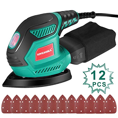 HYCHIKA Ponceuse Excentrique, 200W 14000RPM Ponceuses électriques avec 12pcs Papier de Verre& Collecte de Poussière, Idéale pour Angles et Bords, Métal et Bois