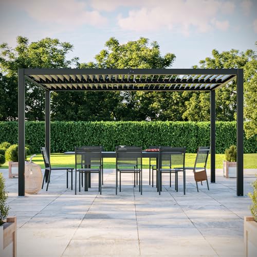 Avril Paris Tonnelle/Pergola bioclimatique Lames orientables en Aluminium 3x4m - Anthracite - Belair.