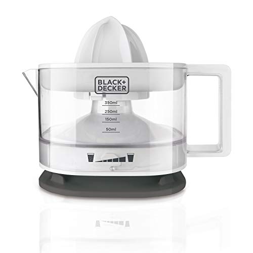 BLACK+DECKER BXCJ25E - Presse agrumes électrique 25W, double sens de rotation, 350 ml, filtre à pulpe réglable, rangement câble, amovible, blanc