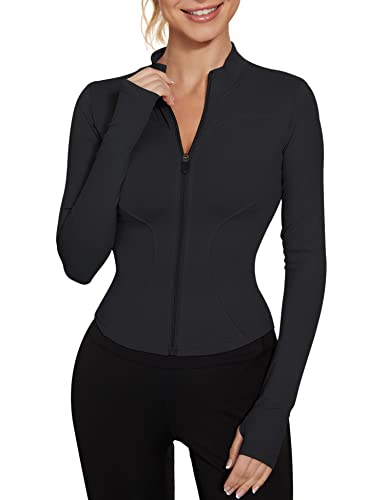 IECCP T-shirt de sport à manches longues respirant pour femme avec demi-fermeture zippée et trous pour les pouces, pour fitness, entraînement, yoga, course à pied, b-noir, XS