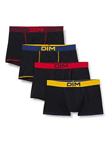 DIM Boxer Homme Mix and Colors Coton Stretch x4, Noir Ct Jaune Safran/Noir Ct Bleu Marin/Noir Ct Rouge Baie/Noir Ct Aubergine Foncé, L