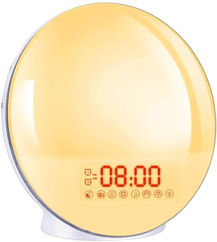 Bawoo Lampe Radio Réveil Lumière Douceur LED Simulateur d'aube Horloge Lampe de Chevet Avec 2 Alarmes 8 Sons 20 Luminosités Pour Bébé Chambre