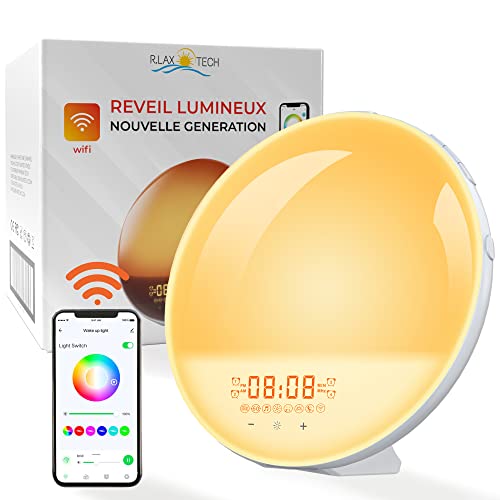 R.LAX TECH I Radio Eveil lumière LED pour un Réveil Lumineux le Matin Simulateur d'Aube et Crépuscule Reveil intelligent 20 Niveaux de Luminosité 8 sons naturels Lampe de Chevet Veilleuse enfant