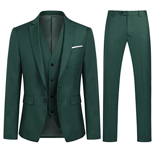 Costume Homme 3 Pièces Slim Fit Smoking Deux Boutons Couleur Unie Mariage Business Confort Elégant Veste Gilet et Pantalon Vert Foncé M