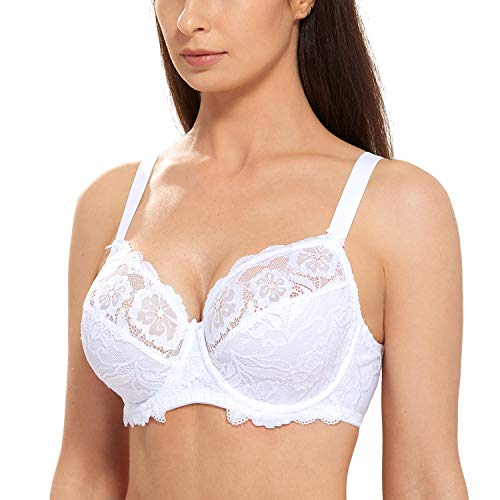 DELIMIRA Femme Soutien Gorge Grande Taille en Dentelle avec Armature sans Rembourré Blanc 115C