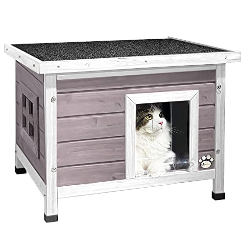 VOUNOT Maison de Chat en Bois avec Toit Bitumé et Fenêtre Plexiglas Maison de Toilette pour Chat Meuble de Bac avec Porte Niche 57x45x43cm Gris