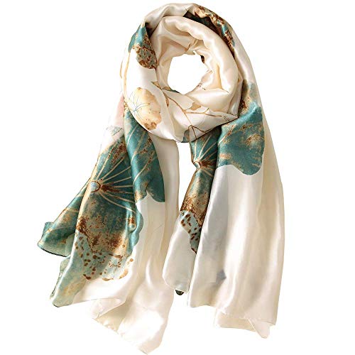 WEIGEER Foulard en soie femmes châle Écharpe en soie Silk Scarf Women Chiffon Shawl White Neckerchief Head Wrap Thin Scarf Beach Hijab Belt Vintage Bridal Shawl Binder (Lotus)