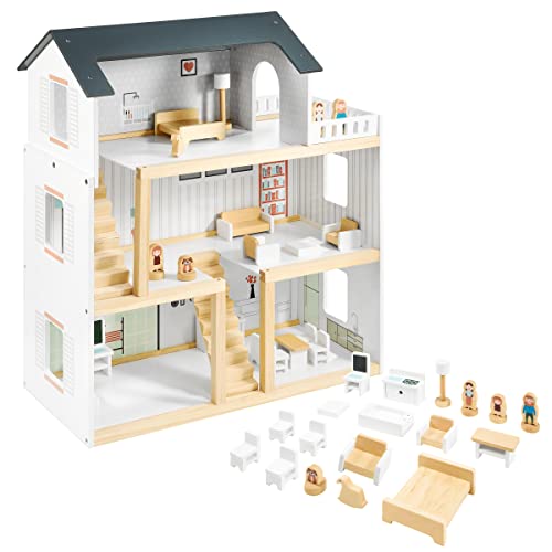 mamabrum Maison de Poupée en Bois 3 Étages avec Terrasse - 70x30x60 CM - Kit Complet avec 4 Figurines, 18 Meubles, 2 Chambres, Cuisine & Salon - pour Enfants +3 Ans (N71)