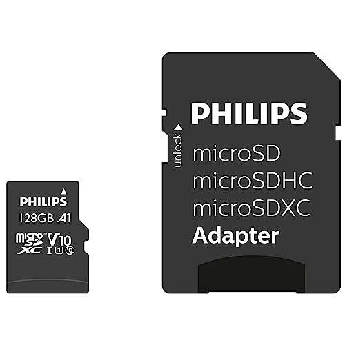 Philips Ultra Speed Carte microSDXC Card 128 Go + Adaptateur SD UHS-I U1, Vitesse de Lecture jusqu'à 80 Mo/s, A1 Fast App Performance, V10, Carte mémoire pour Smartphones, Tablette, PC, vidéo Full HD