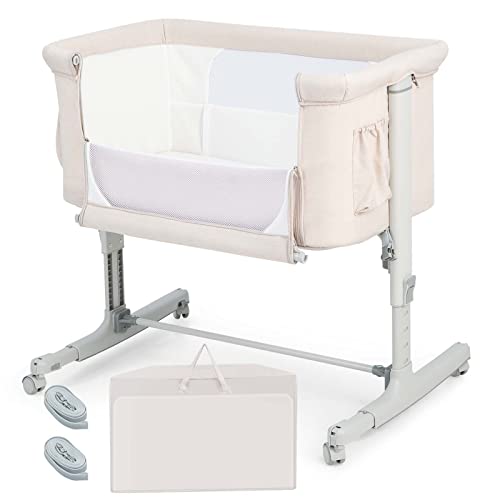 DREAMADE 3 en 1 Lit Cododo Bébé avec Matelas Lit Berceau Nouveau-né Pliant à Hauteur Réglable,Inclinaison 10°,Roues Universelles avec Frein Charge 9 KG 0-6 Mois (Beige)