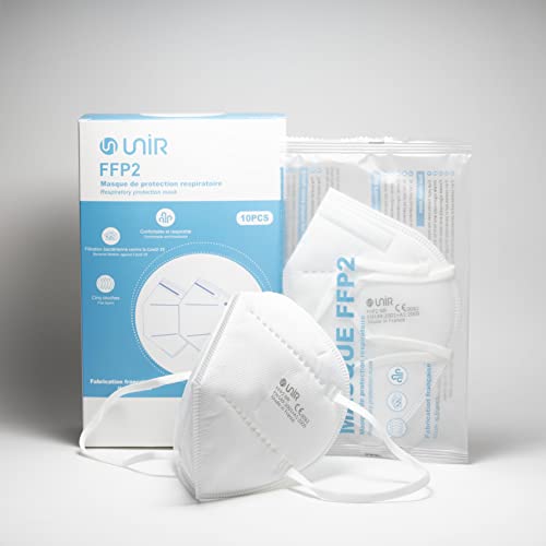 UniR Masque de protection respiratoire FFP2, certifié CE, Fabriqué en France,EN 149:2001+A1 2009 - MODULE C2 2022-. EPI EU 2016/425, 5 couches,sachet individuel (Lot de 20pcs)