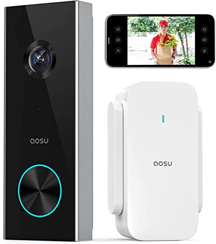 AOSU Sonnette vidéo sans Fil avec Pile, Sonnette sans Fil Exterieur Etanche avec HD 2K, Angle Ultra Large de 166°, aucuns Frais mensuels, Audio, Détection de Personnes, Sonnette Camera, Alexa intégré