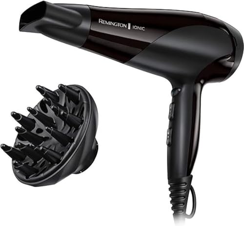 Remington Sèche-cheveux Ionique [Puissant & Léger] Ionic Dry Noir (2200W, coiffage délicat en douceur & répartition uniforme de chaleur, 3 températures / 2 vitesses, concentrateur, diffuseur) D3198