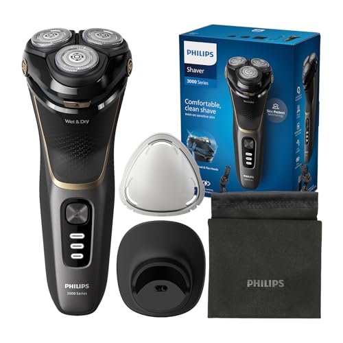 Philips Electric Shaver Series 3000 - Rasoir électrique Wet & Dry pour hommes avec technologie SkinProtect, Tondeuse rétractable, Socle de recharge, Housse de voyage, Noir, modèle S3342/13