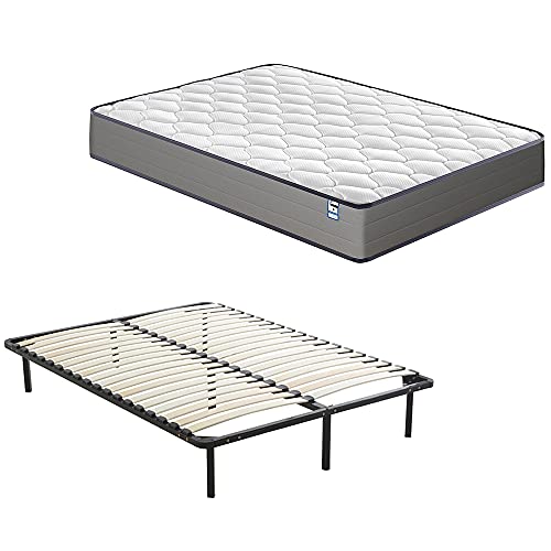 DEWINNER Ensemble Composè:Matelas a Memoire de Forme en Mousse et Ressorts 140x190x20 cm Épaisseur Matelas+Sommier à Lattes sur Pieds-7 Pieds Inclus