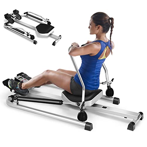 GYMAX Rameur Pliable 50 kg de Résistance Réglable, 100 kg de Chargé Fitness Pliable, Affichage LCD, Pédale Antidérapante & Siège Coulissant, Rameur de Sport, Entraînement à la Maison