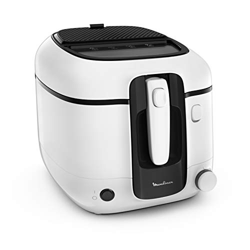 Moulinex Friteuse à huile, 2,2 L d’huile, 1,5 kg de frites, Cuve amovible antiadhésive, Thermostat réglable, Ouverture automatique, Filtre anti-odeur, Super Uno AM312010, Blanc