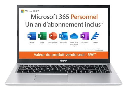 Acer Aspire 1 A115-32-C3AK Ordinateur Portable 15,6'' Full HD, PC Portable (Intel Celeron N4500, RAM 4 Go, 128 Go eMMC, Intel UHD Graphics, Windows 11 ) - Clavier AZERTY (Français), Laptop Gris