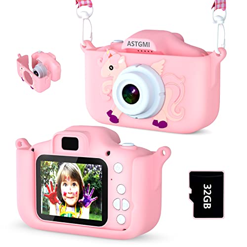 ASTGMI Appareil Photo pour Enfants, 2.0 Pouces Enfant Appareil Photo Numérique, Mini Caméra Rechargeable Caméscope Cadeau Jouet Filles Garçons de 3 à 10 Ans, vidéo HD 1080p, 32G SD Carte