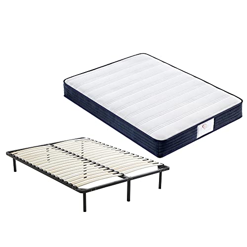 TEENO Ensemble Composè:Matelas a Memoire de Forme Matelas+Sommier à Lattes sur Pieds-7 Pieds Inclus (Ensemble 140x190, 22)