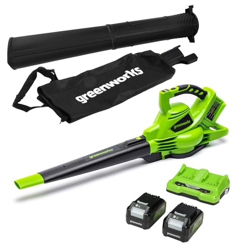 Greenworks 2x24V Aspirateur Souffleur Sans fil de Feuilles à Batterie Bandoulière, Moteur Sans Balais, 322km/h, 9m³/min, Sac Mulching 45L, 2 Batteries 24V 4Ah, Chargeur, Garantie 3 Ans GD24X2BVK4X