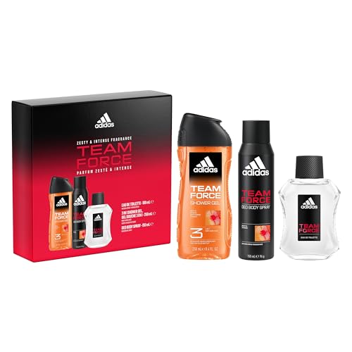 Adidas, Coffret Team Force 3 Produits, Eau de toilette 100ml orange et patchouli, gel douche 250ml 3-en-1, déodorant 150ml protection 48 heures