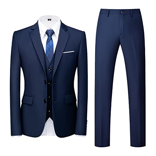 Allthemen Costume Homme Mariage 3 Pièces Slim Fit Smoking Costume Couleur Unie Deux Boutons Formel Veste Gilet et Pantalon Bleu M