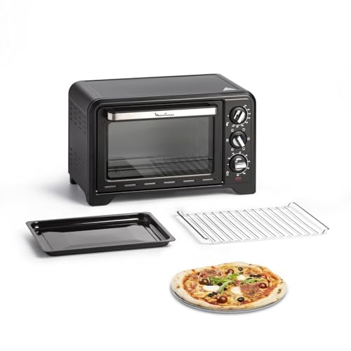 Moulinex Four électrique posable 19 L, Compact, chaleur tournante, 6 modes de cuisson, Thermostat réglable jusqu’à 240°C, Minuteur 120 min, Grille réversible, Lèche frites, Optimo noir OX444810