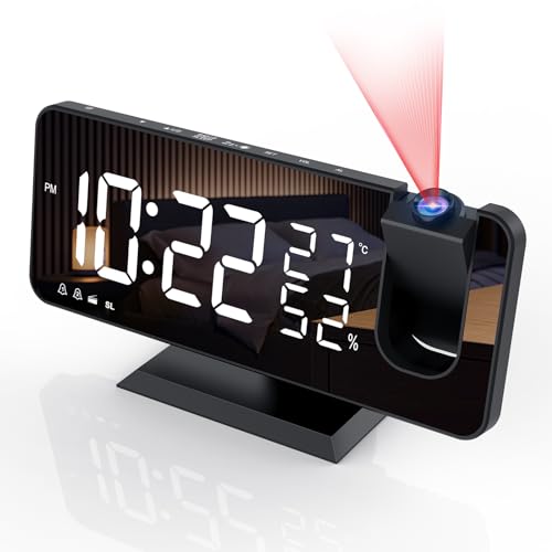 Reveil Projecteur avec Radio, Horloge Numérique, Radio Reveil USB avec Double Alarme et Écran Miroir LED de 7, Snooze, 4 Niveaux de Luminosité, 12/24h, 15 Volume, pour La Maison, Le Bureau