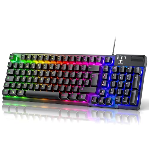 TECURS Clavier Gamer Semi-Mécaniques,19 Keys Anti-Ghosting Rétroéclairage LED, Multimédia, Silencieuses, Clavier Gaming Membrane AZERTY, Etanche pour Ordinateur Windows/Xbox/ PS4, USB Filaire